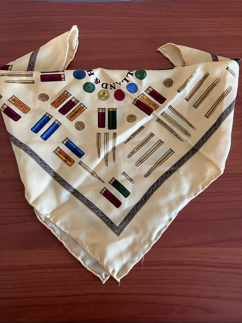 Elegant Cream Holland & Holland Silk Neck Scarf shotgun casings and bullet motif